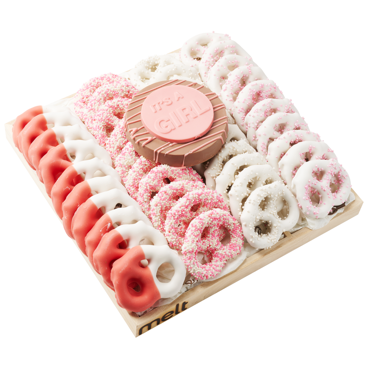 It’s a girl Chocolate covered pretzels with melt signature center