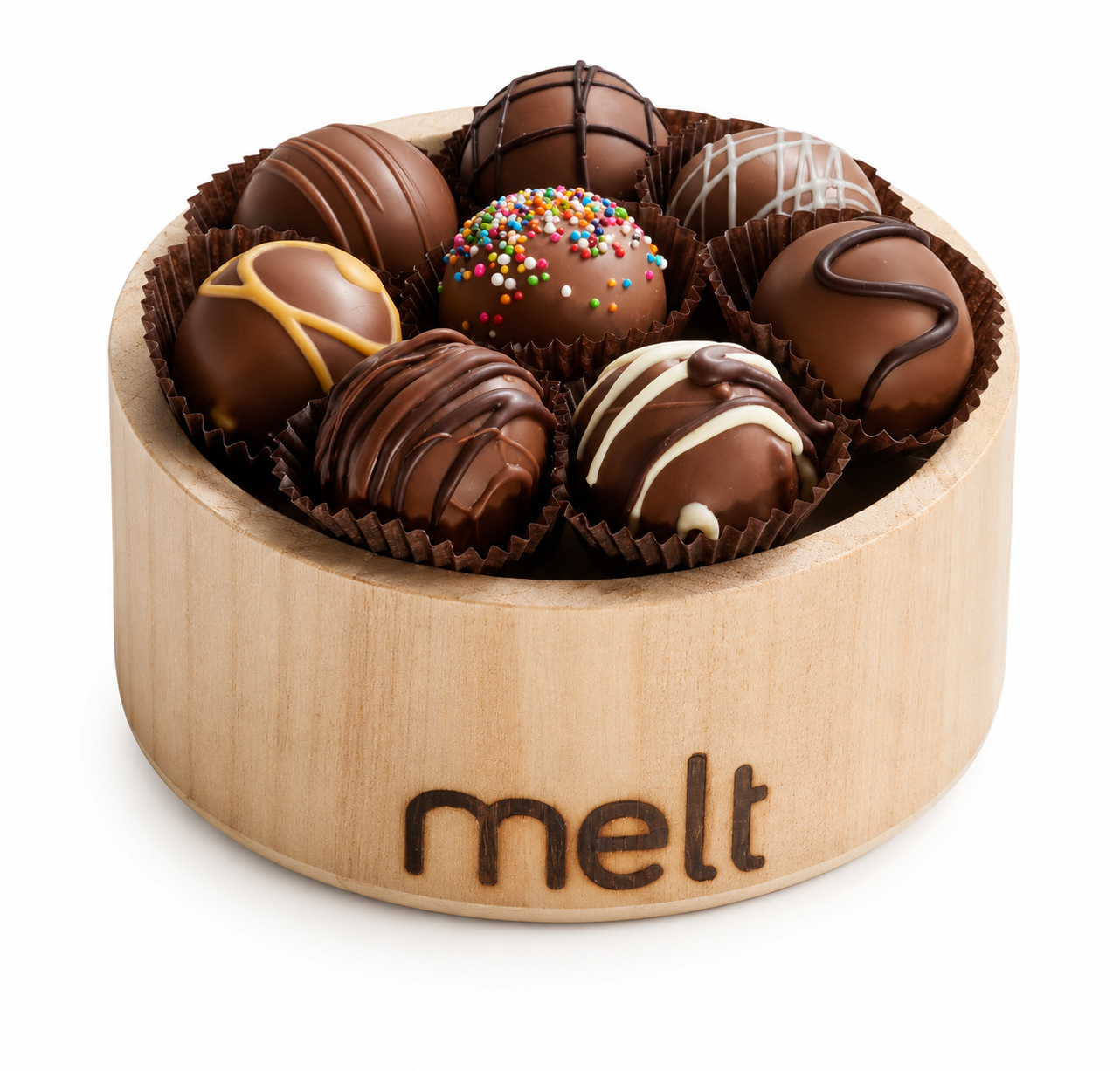 Dairy Chocolate Balls in Round Wooden Container