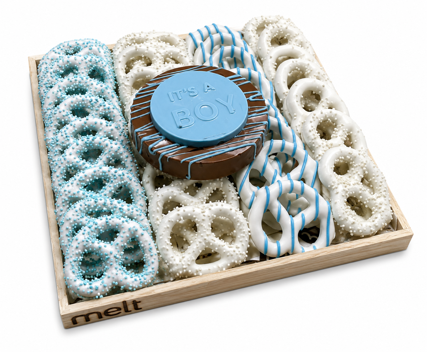 It’s a boy Chocolate covered pretzels with melt signature center