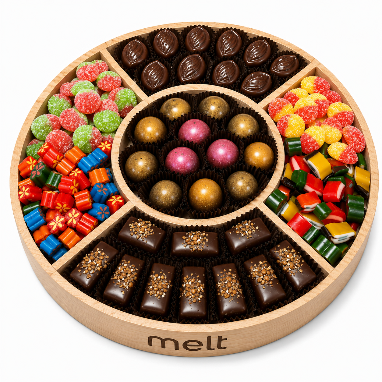 Mix chocolate candy round wooden platter