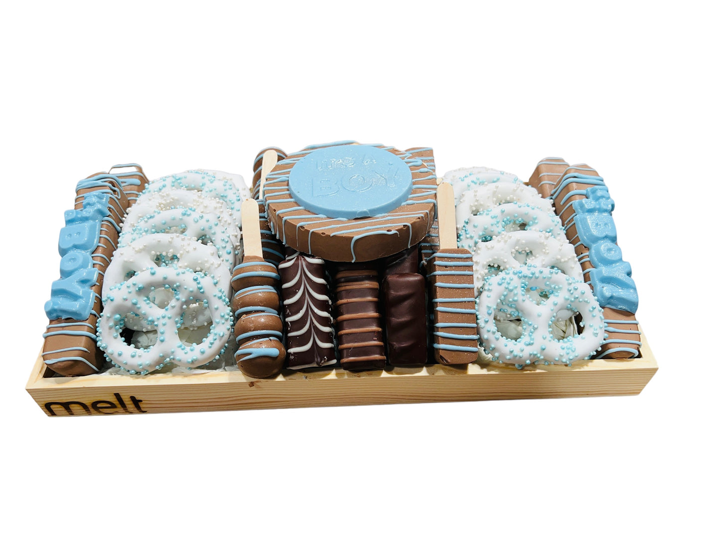 It’s a boy tray with melt signature center