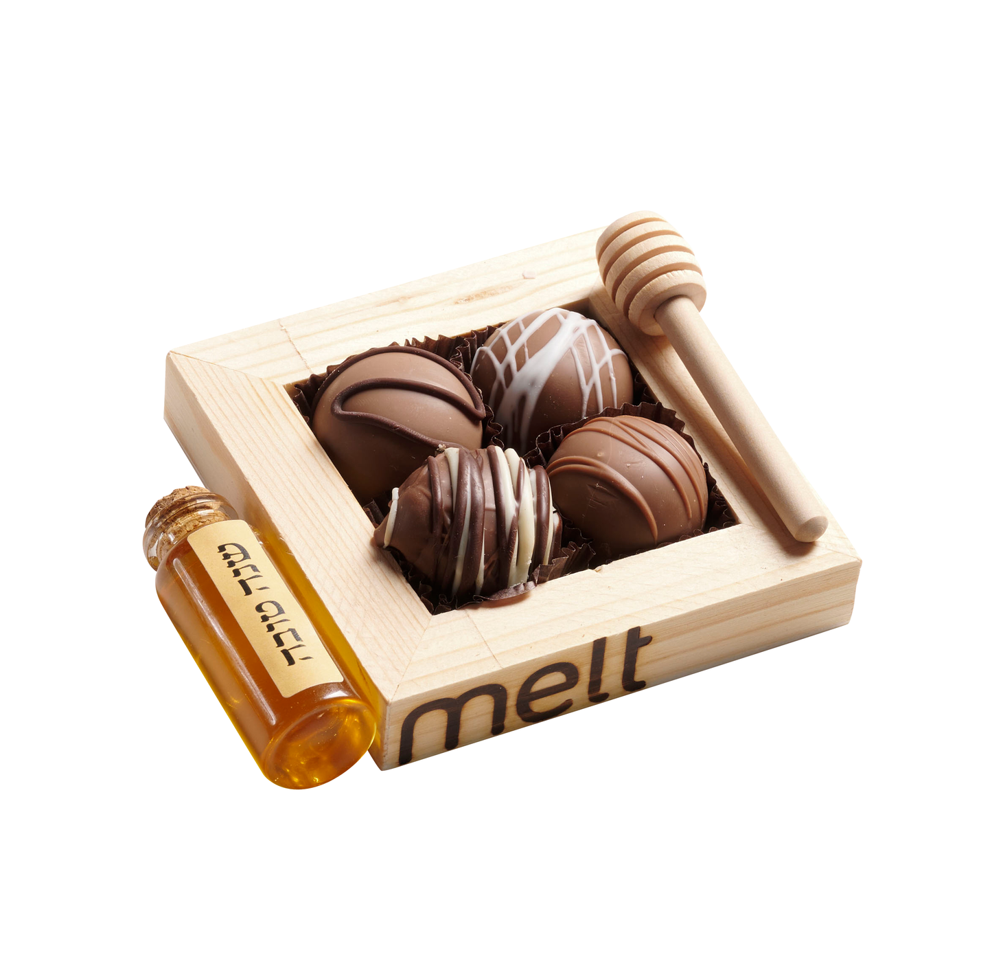 4 Dairy Chocolate Balls + Honey Wooden Tray