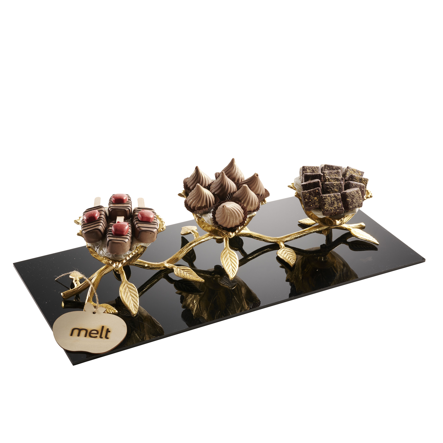 Chocolates in Gold Leafy Dish on Acrylic Tray