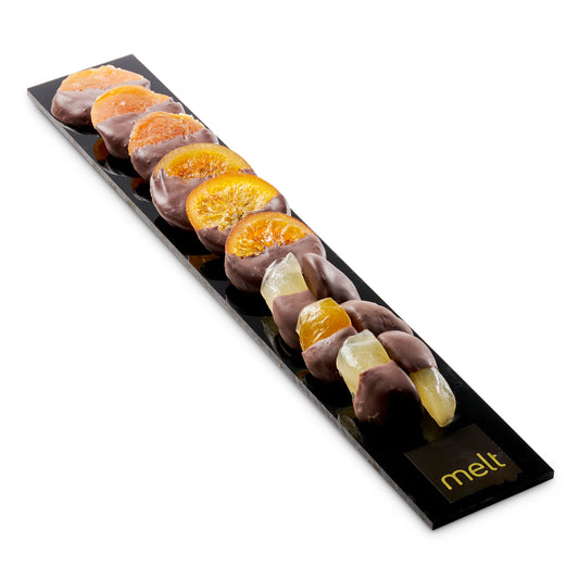Chocolate dip dried fruit on acrylic