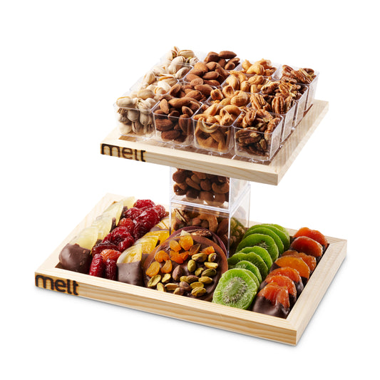 Melt  mix nuts and dried fruit tower