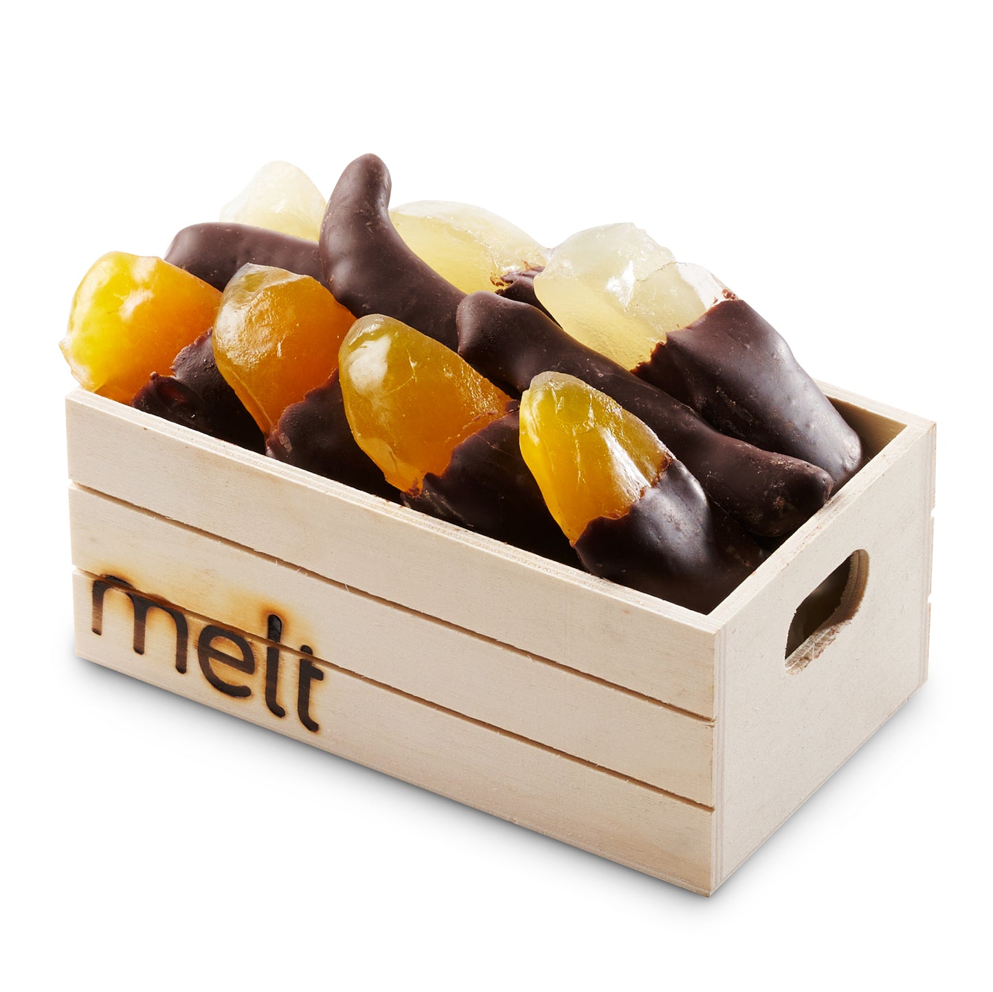 Mini wood chocolate dipped dried fruit
