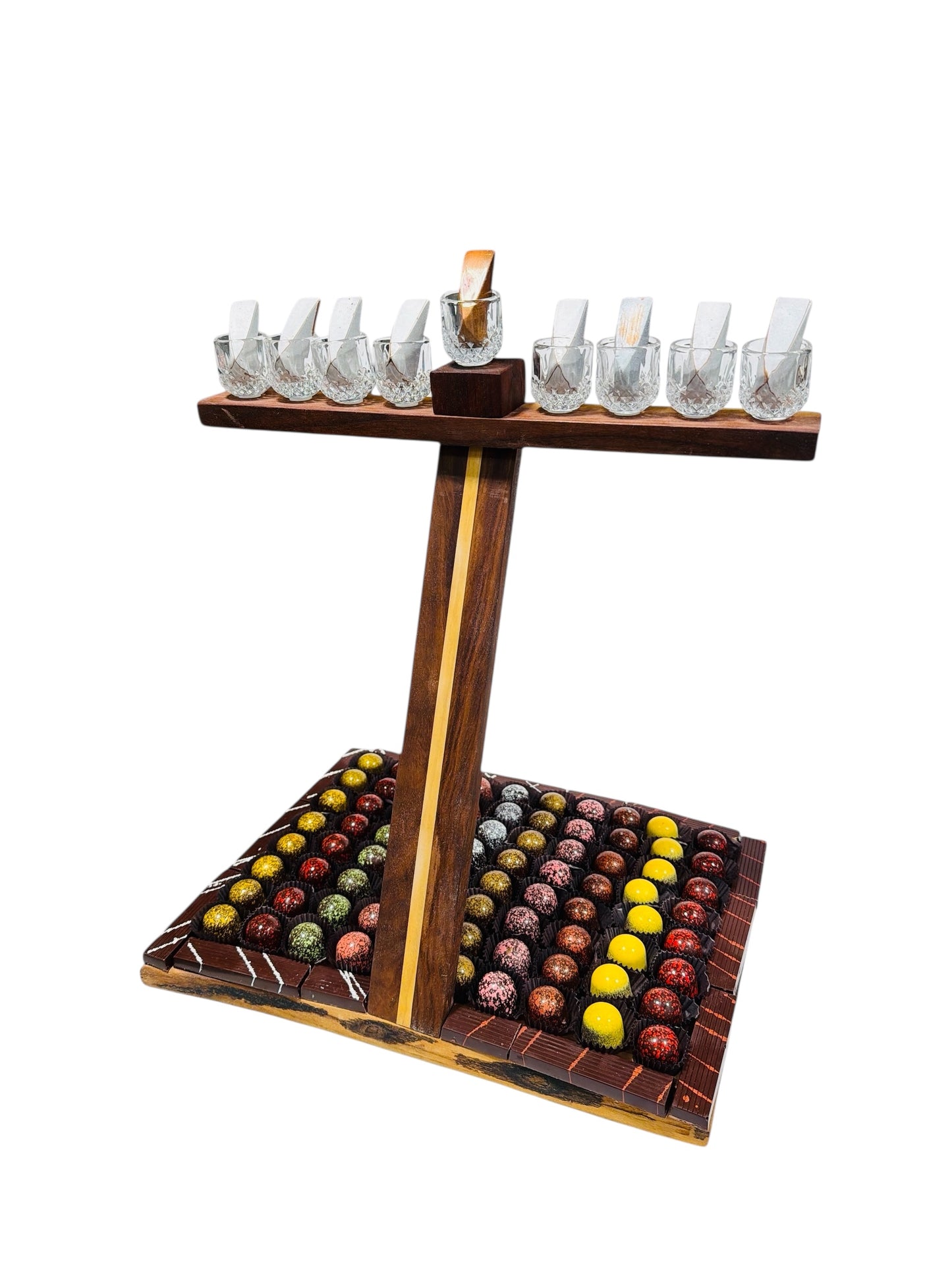 Luxury wooden Menorah filled with premium chocolates