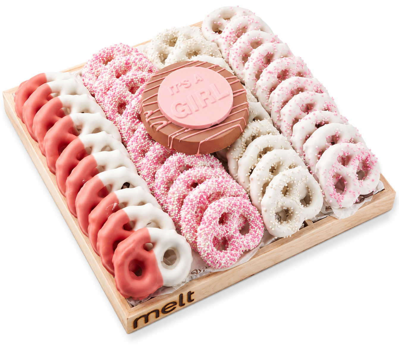It’s a girl Chocolate covered pretzels with melt signature center