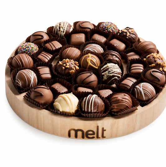 Dairy Chocolate Balls and Chocolates on Round Wooden Tray
