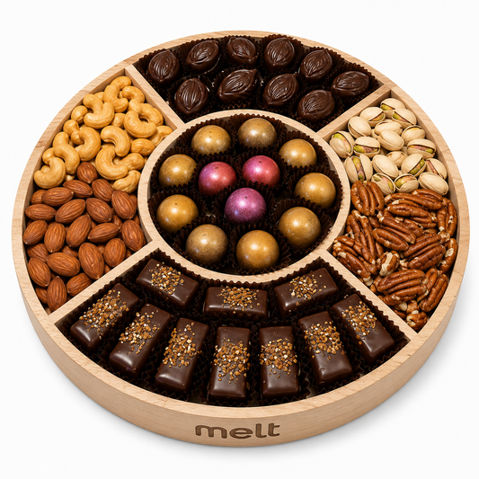 Mix chocolate nuts round wooden platter