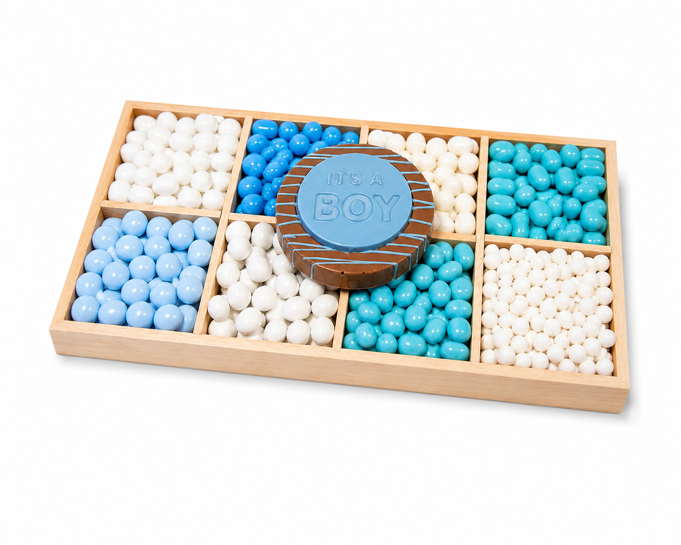 It’s a boy tray with melt signature center