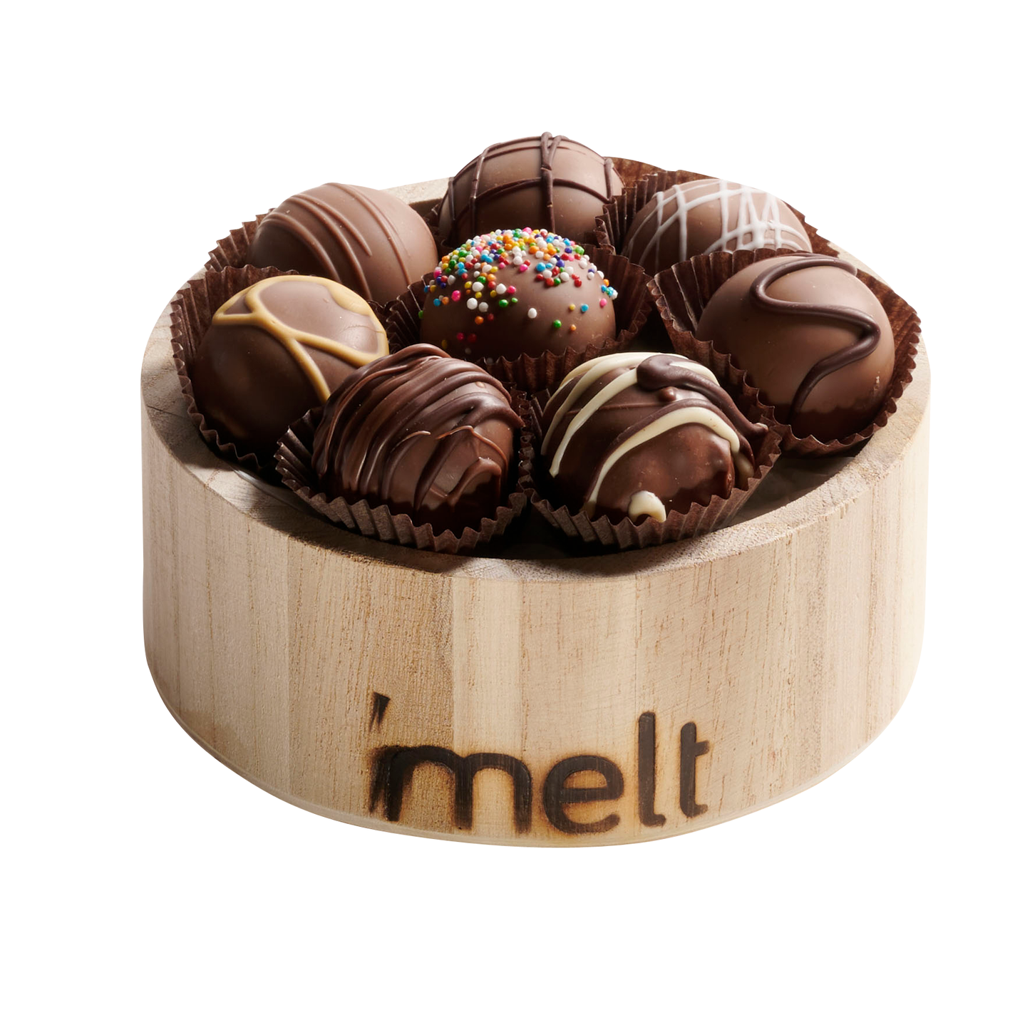 Dairy Chocolate Balls in Round Wooden Container