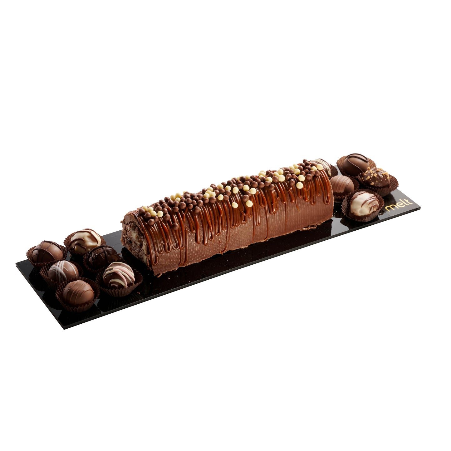 Dairy Chocolate Log and Chocolate Balls on Acrylic Tray