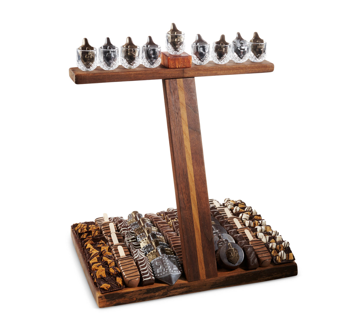 Luxury wooden Menorah filled with premium chocolates